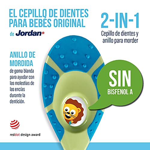 Jordan | Step 1 Cepillo de dientes para bebé 0-2 años | El cepillo de dientes original para bebé con cerdas extra suaves, anillo de mordida suave para encías y fácil agarre | Pack 4 Unidades