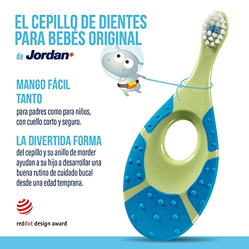 Jordan | Step 1 Cepillo de dientes para bebé 0-2 años | El cepillo de dientes original para bebé con cerdas extra suaves, anillo de mordida suave para encías y fácil agarre | Pack 4 Unidades