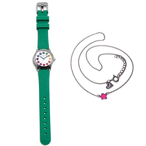 Juego Agatha Ruiz De La Prada Reloj Agr258 Verde Niña Gargantilla Plata Ley 925M Flor Rosa Esmalte - Modelo: Agr258