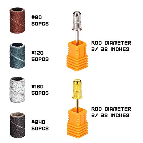 Juego de 202 bandas de lijado y brocas, grano 80 120 180 240 con brocas de 3/32 pulgadas para manicura pedicura polaco