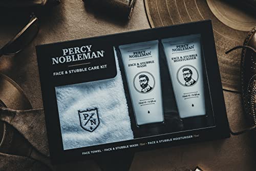 Juego para el cuidado del rostro y la barba Percy Nobleman, de regalo, para hombreJuego con crema hidratante, crema limpiadora y toalla de ducha.