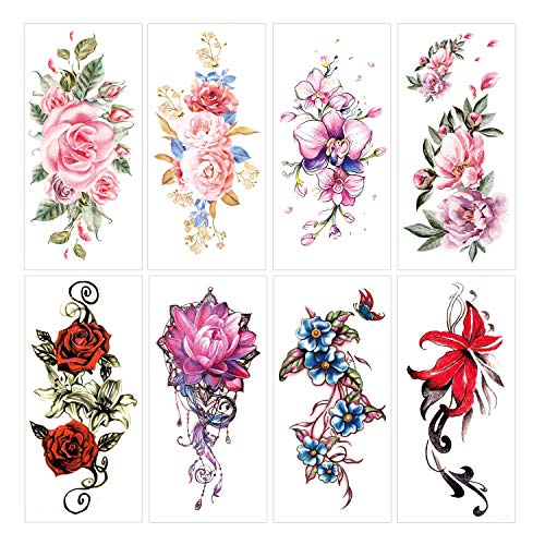 Keleily Tatuajes Temporales de Flores 15 Hojas Tatuajes Falsos Temporales para Adhesivos para Adultos Body Art Tattoo para Mujeres, Niñas, Brazos, Piernas, Espalda, Rosa, Rojo