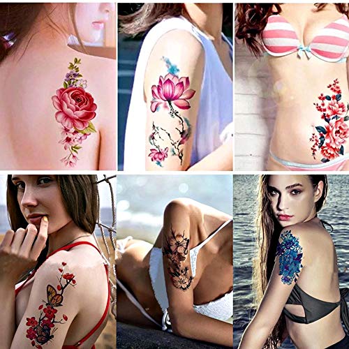 Keleily Tatuajes Temporales de Flores 15 Hojas Tatuajes Falsos Temporales para Adhesivos para Adultos Body Art Tattoo para Mujeres, Niñas, Brazos, Piernas, Espalda, Rosa, Rojo