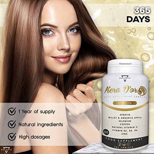 KERA D’OR® – 365 COMPRIMIDOS (Suministro de 1 Año) | Biotina para el Cabello | Vitaminas para el Cabello | 10 ingredientes activos: Biotina, Queratina, Zinc, Mijo, Cobre, Selenio, Vitaminas B2 B5 B6