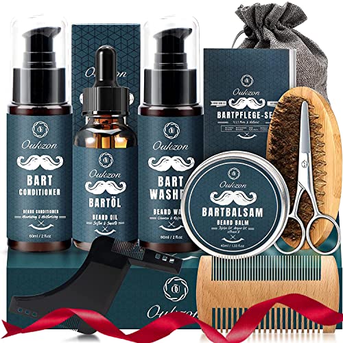 Kit Barba Cuidado para Hombres, 10 en 1 Set de Afeitado y Recorte Con Champú Barba, Acondicionador, Aceite, Bálsamo, Peine, Cepillo, Tijera, Afeitadora de barba, Bolsa de lona, Mejor Regalo para Papa