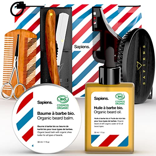 Kit cuidado barba y afeitado Sapiens Barbershop - Kit barba con Navaja afeitar barbero, Aceite barba y Balsamo barba BIO, Cuchillas Derby, Cepillo barba, Peine barba, Plantilla, Tijeras, Bolsa