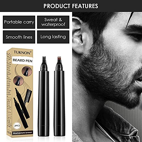 Kit De BolíGrafo De Relleno Para Barba, 2 Piezas Relleno de lápiz de barba para hombres con cepillo, Impermeable y duradero, kit de bolígrafo relleno de barba para bigotes y cejas, Marrón oscuro&Negro