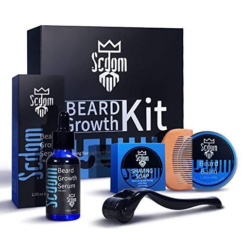 Kit de crecimiento de barba, kit de crecimiento de vello facial irregular con rodillo Derma de titanio + aceite de suero de crecimiento de barba + bálsamo de barba + jabón limpiador de barba + peine