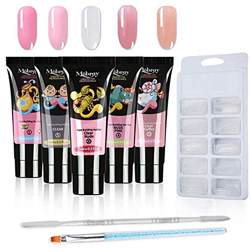 Kit Uñas de Gel, Nail Gel Kit 5 Colores 15ml Uñas de Gel Conjunto de Extensión de Uñas con Bandejas de Uñas de 100 Piezas, un Cepillo y un Fader