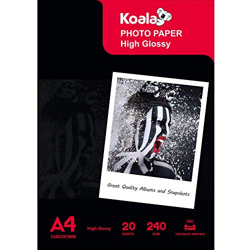 KOALA Papel fotográfico de Brillante, A4, 20 hojas, 240 g/m², para impresora de inyección de tinta Canon HP Epson