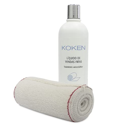 KOKEN - Líquido para tratamientos de vendas frías 500 ml + VENDAS 10m - Relajante Muscular/Anticelulítico/reafirmante - 3 Uso