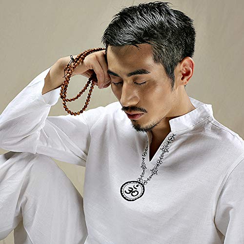 KSUA Traje de Yoga para Hombre con OM Diseño Algodón Zen Traje de meditación Ropa de Artes Marciales de Tai Chi Uniforme Mangas largas, Blanco EU M/Etiqueta L