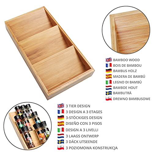 Kurtzy Organizador Especias de Bambú con 3 Niveles Especiero Madera para Cajón – Almacenamiento Inclinado para Repisa o Cajones – Sal, Botes de Condimento, Vitaminas y Suplementos