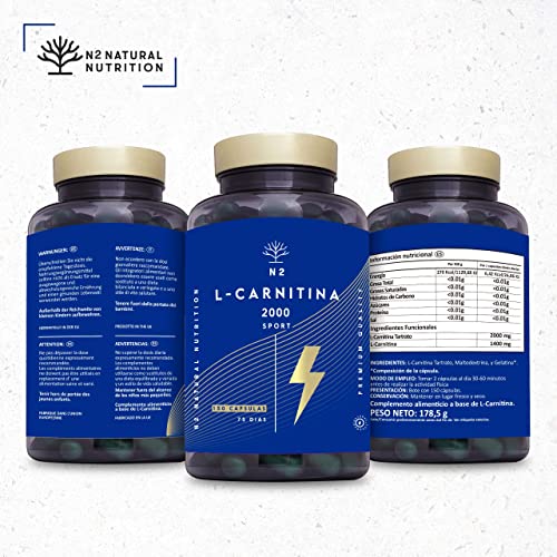 L CARNITINA Capsulas 2000mg Suplemento Deportivo L-Carnitina Quemagrasas Potente Natural Alta Concentracion. Pre Entreno Mejora Rendimiento Perder Peso Hombre Mujer. 150CápsulasCE N2 Natural Nutrition