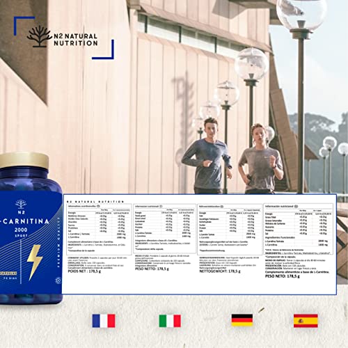 L CARNITINA Capsulas 2000mg Suplemento Deportivo L-Carnitina Quemagrasas Potente Natural Alta Concentracion. Pre Entreno Mejora Rendimiento Perder Peso Hombre Mujer. 150CápsulasCE N2 Natural Nutrition