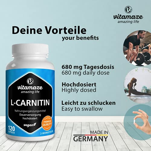 L-Carnitina de Alta Dosis y Vegana, 680 mg de L-Carnitina Pura por Día, 120 Cápsulas durante 2 Meses, Suplemento Natural sin Aditivos, Calidad Alemana