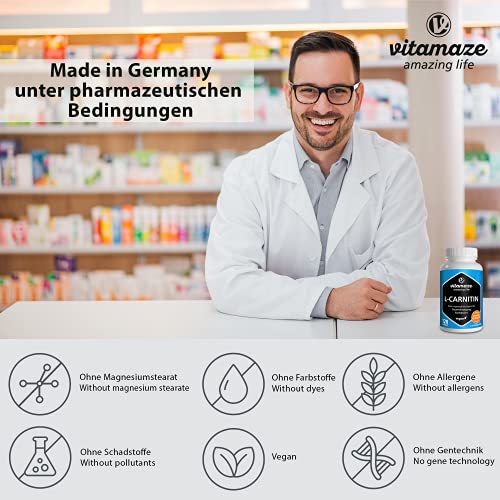 L-Carnitina de Alta Dosis y Vegana, 680 mg de L-Carnitina Pura por Día, 120 Cápsulas durante 2 Meses, Suplemento Natural sin Aditivos, Calidad Alemana