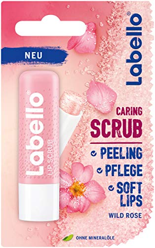 Labello Lip Scrub Wild Rose (5,5 ml) - Cuidado de labios innovador con partículas exfoliantes de origen natural, peeling de labios suave con vitamina E