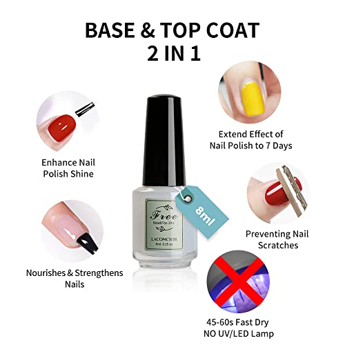 Lacomchir Caja de 6 X 8ML Esmalte de Uñas de Secado Rapido - 5 Colores Pintauñas Normales + 2 In 1 Top Coat y Base Coat, Naranja, Negro, Morado, Rojo, Rosa