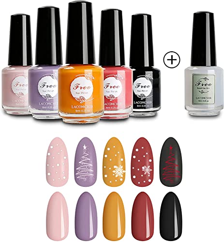 Lacomchir Caja de 6 X 8ML Esmalte de Uñas de Secado Rapido - 5 Colores Pintauñas Normales + 2 In 1 Top Coat y Base Coat, Naranja, Negro, Morado, Rojo, Rosa