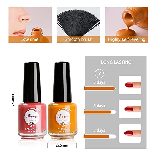 Lacomchir Caja de 6 X 8ML Esmalte de Uñas de Secado Rapido - 5 Colores Pintauñas Normales + 2 In 1 Top Coat y Base Coat, Naranja, Negro, Morado, Rojo, Rosa