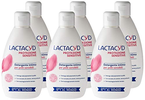 Lactacyd Protección Sensitive – Limpiador de higiene íntima indicado para pieles sensibles, con ácido láctico biotecnológico y extracto de algodón, paquete de 6 piezas (6 x 300 ml)