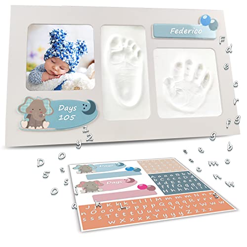 LALFOF® Marco de huellas de bebes ELEPHANT con nombre. Kit para huella de manos y pies para recien nacidos.Ideal como regalos originales para lista de nacimiento niños y niñas