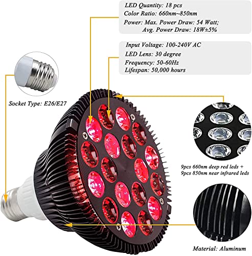 Lámpara de terapia de luz roja MQUPIN, luz infrarroja mejorada de 54 W con gafas de terapia, combo de infrarrojos cercanos, bombilla roja de 18 LED para el cuidado de la piel y el alivio del dolor