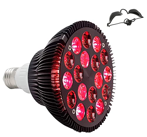 Lámpara de terapia de luz roja MQUPIN, luz infrarroja mejorada de 54 W con gafas de terapia, combo de infrarrojos cercanos, bombilla roja de 18 LED para el cuidado de la piel y el alivio del dolor