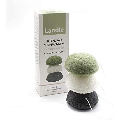 Larelle Konjac - Juego de 3 esponjas con carbón de bambú, té verde, cúrcuma, esponja facial, limpiador facial contra la piel con impurezas y grasa, piel mixta, de cultivo biológico, sostenible