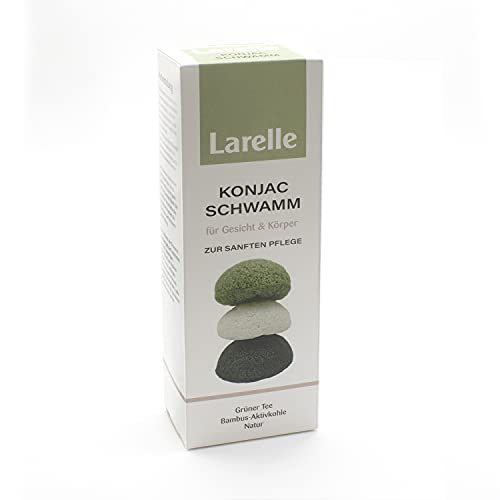 Larelle Konjac - Juego de 3 esponjas con carbón de bambú, té verde, cúrcuma, esponja facial, limpiador facial contra la piel con impurezas y grasa, piel mixta, de cultivo biológico, sostenible