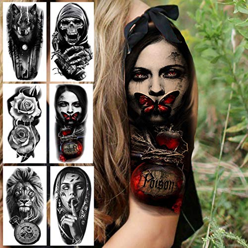 Laroi 22 Hojas Cráneo Aterrador Tatuajes Temporales Adultos Mujer Negro León Tigre Lobo Rosa Flor Esqueleto Halloween Tatuajes Temporales Hombre Brazo Antebrazo Tatuajes Falsos 3D Realistas Adhesivos