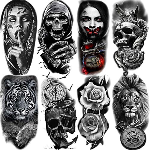 Laroi 22 Hojas Cráneo Aterrador Tatuajes Temporales Adultos Mujer Negro León Tigre Lobo Rosa Flor Esqueleto Halloween Tatuajes Temporales Hombre Brazo Antebrazo Tatuajes Falsos 3D Realistas Adhesivos