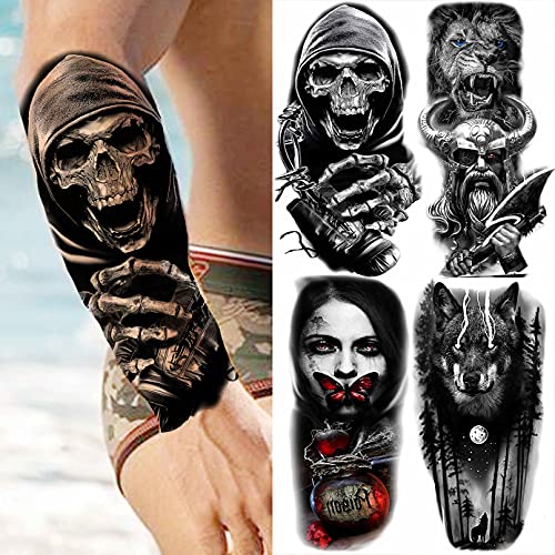 Laroi 22 Hojas Cráneo Aterrador Tatuajes Temporales Adultos Mujer Negro León Tigre Lobo Rosa Flor Esqueleto Halloween Tatuajes Temporales Hombre Brazo Antebrazo Tatuajes Falsos 3D Realistas Adhesivos