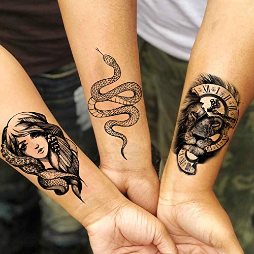 Laroi 22 Hojas Cráneo Aterrador Tatuajes Temporales Adultos Mujer Negro León Tigre Lobo Rosa Flor Esqueleto Halloween Tatuajes Temporales Hombre Brazo Antebrazo Tatuajes Falsos 3D Realistas Adhesivos