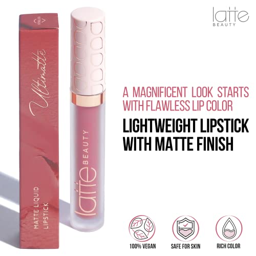 Latte Beauty Ultimatte Lápiz Labial Líquido Mate - 9 Tonalidades - Maquillaje de Labios Resistente al Agua de Larga Duración - Labial Mate Hidratante con Vitamina E - 3 ml (Trick)