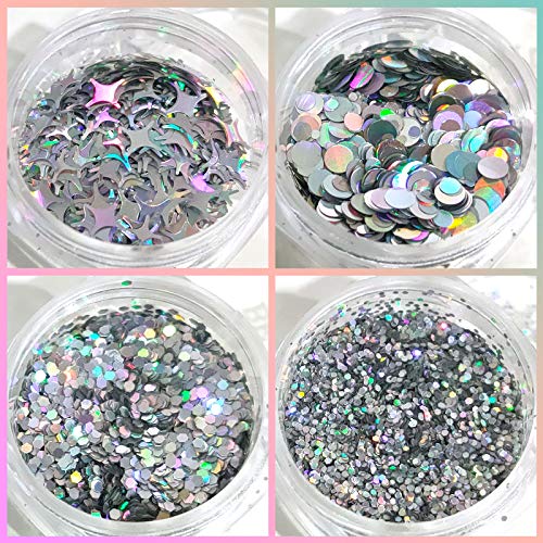 Laza 8 colores brillantes uñas acrílicas en polvo mixto pulido con lentejuelas iridiscentes copos paillette Sparkles Set de consejos para cosméticos, festivales, cabello corporal, plata láser