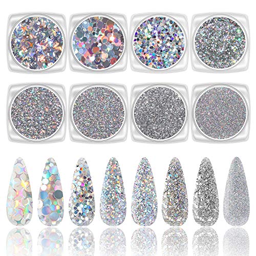 Laza 8 colores brillantes uñas acrílicas en polvo mixto pulido con lentejuelas iridiscentes copos paillette Sparkles Set de consejos para cosméticos, festivales, cabello corporal, plata láser