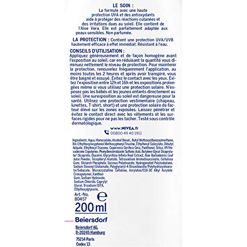 Leche solar Sensitive protección inmediata FPS 50+ (1 x 200 ml), protección solar no perfumada y resistente al agua, pantalla solar, textura ligera no grasa.