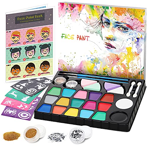 lenbest Set de Pintura Cara Infantil, Pintura Facial 17 Colores, Mayor Capacidad Blanco y Negro, con 1 Folleto Tutorial Pintado, 28 Plantillas y 4 Pinceles, 2 Brillos, para Fiestas/Carnaval/Halloween