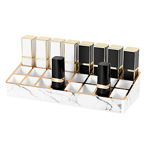 Lewondr Caja de Almacenamiento de Cosméticos, 23x9CM Organizador de Maquillaje con 24 Compartimentos, Estuche Multifuncional con Borde Dorado para Guardar Lápiz Labial, Esmalte de Uñas, Mármol Blanco