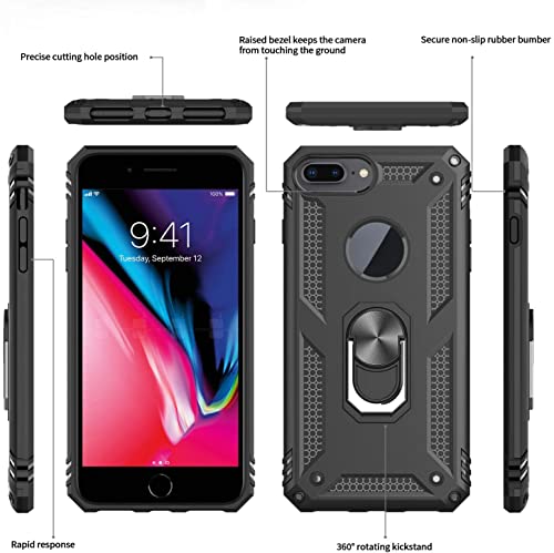 LeYi Funda para iPhone 8 Plus/iPhone 7 Plus/iPhone 6 Plus / 6S Plus con [2-Unidades] Cristal Vidrio Templado, Armor Carcasa con 360 Anillo Soporte PC Silicona TPU Bumper Antigolpes Case, Negro