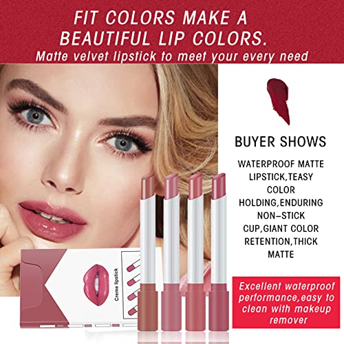 Lipstick de 4 Colores Brillo de Labios mate Pintalabios mate Larga Duracion Velvet Lip Gloss Set Taza Antiadherente Lápiz Labial Impermeable sin Decoloración Cosméticos