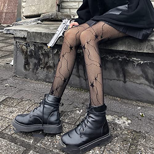 LIUQIANYU Medias De Rejilla para Mujer - Sexy Pantyhose Fashion Mesh Cutout Estrella Print Stretch Pantyhose Women's Socks Are Thin Black Ultra-Thin Fishnet Stockings Pantyhose For, Star,One S