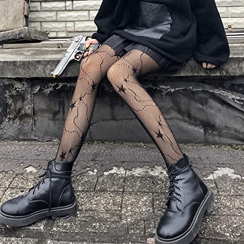 LIUQIANYU Medias De Rejilla para Mujer - Sexy Pantyhose Fashion Mesh Cutout Estrella Print Stretch Pantyhose Women's Socks Are Thin Black Ultra-Thin Fishnet Stockings Pantyhose For, Star,One S