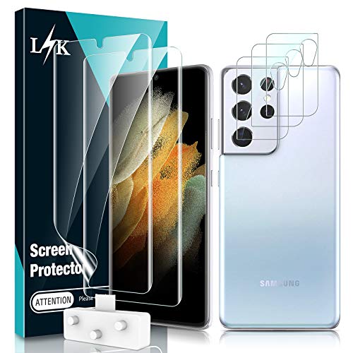 LϟK 5 Pack Protector de Pantalla para Samsung Galaxy S21 Ultra 5G 6.8 Pulgada con 2 Pack HD Película de TPU y 3 Pack Protector de Lente de Cámara - Sin Burbujas Huella Digital Ultrasónica