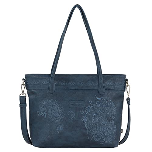 Lois - Bolso de Hombro Grande de Mujer Tipo Shopping Piel Ecológica. Asas Largas y Bandolera. Base Reforzada. Ideal para Compras o Viaje. Bordado Paisley Cachemir 302681, Color Marino