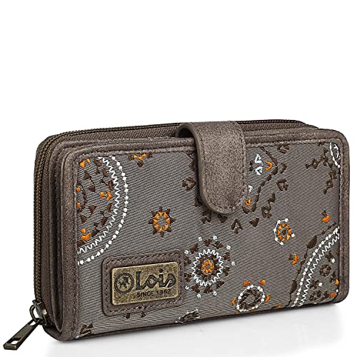 Lois - Cartera de Mujer Grande con Bordados y Motivos Mandala de Marca LOIS. Nylon y Cuero Vegano PU para Uso Diario con Cierre Cremallera y Botón. Protección Antiescaneo RFID 304416, Color Marron