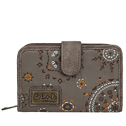 Lois - Cartera de Mujer Pequeña con Bordados y Motivos Mandala de Marca LOIS. Nylon y Cuero Vegano PU para Uso Diario con Cierre Cremallera y Botón. Protección Antiescaneo RFID 304414, Color Marron