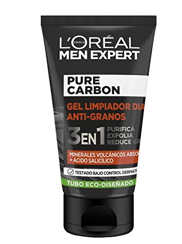 L'Oréal Men Expert Gel Antigranos Pure Carbon. Limpia, Combate imperfecciones y brillos. Con minerales volcánicos y ácido salícilico. 100 Mililitros